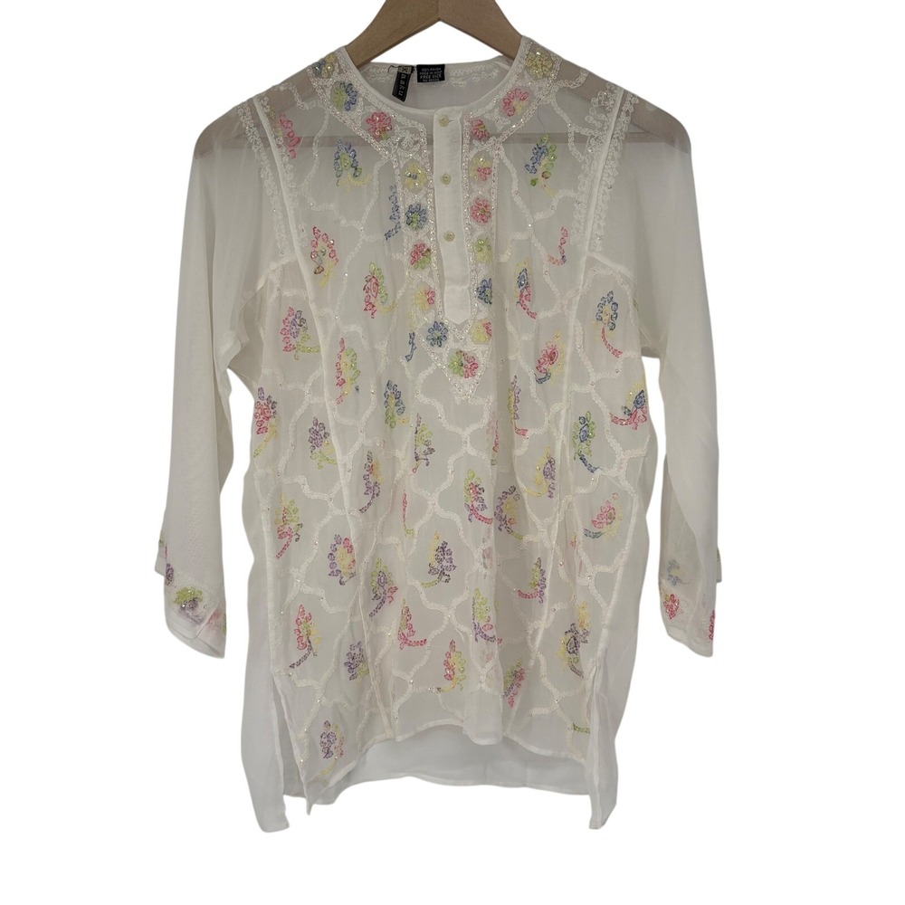 Kaaku White‎ Sheer Fairy Embroidered Floral Sequin Tunic Top Free Size India